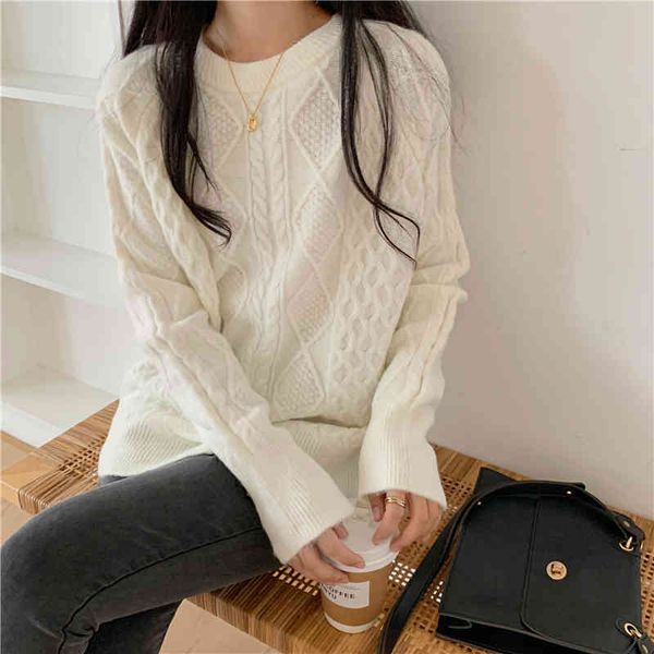 

jxmyy winter new round neck pullover solid color loose twist sweater jacket women's thin all-match t:1216 210412, White;black