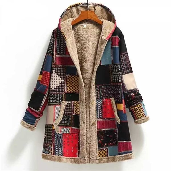 

winter vintage women coat female jacket with pocket warm printing thick fleece hooded ladies outwear coats women winter 211104, Black