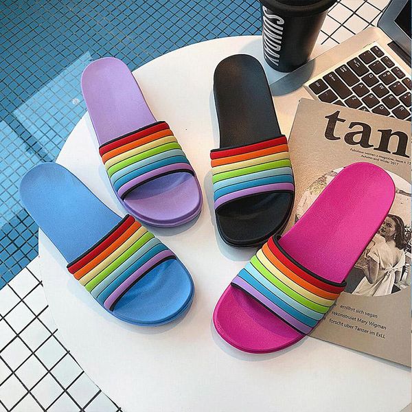 

slippers swonco casual flat summer shoes women rainbow beach 2021 female fashion jelly for, Black
