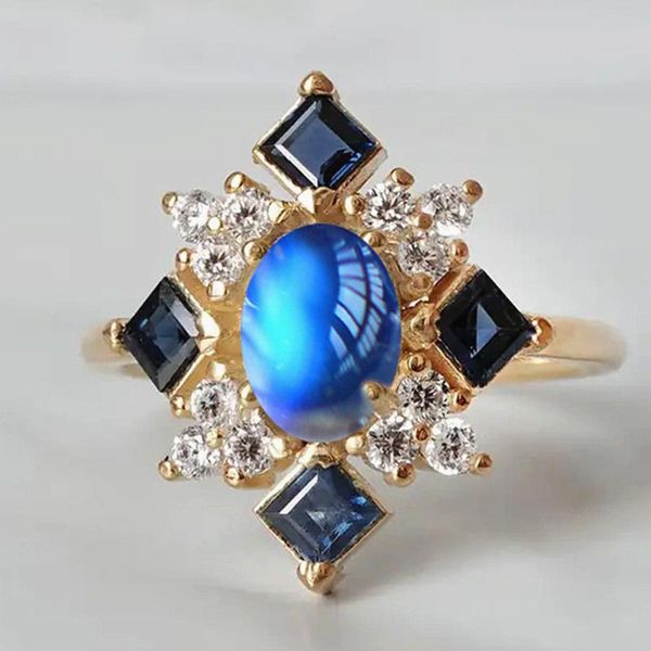 

cluster rings fashion moonstones blue crystal zircon diamonds gemstones for women gold tone jewelry bijoux engagement band party gift, Golden;silver