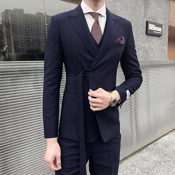 

korean men's suit two piece side access control belt design fashion slim suits & blazers, White;black