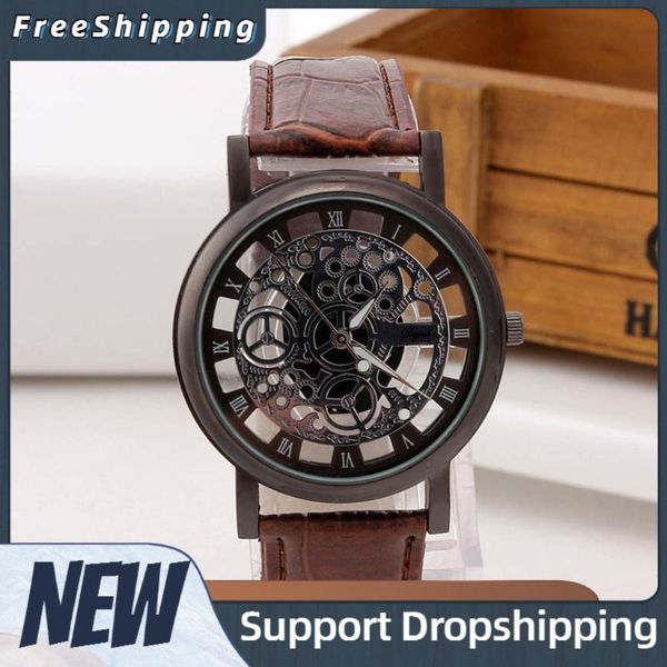 

wristwatches fashion date clock sport watch men stainless steel quartz military leather band dial wrist, Slivery;brown