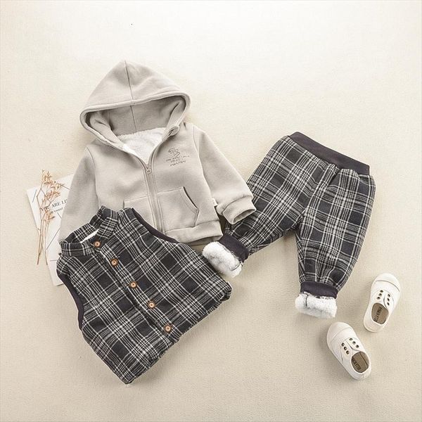 

boys winter suit clothes fashion children baby girl hooded long sleeved sweater plaid vest pants 3pcs kids clothing, White