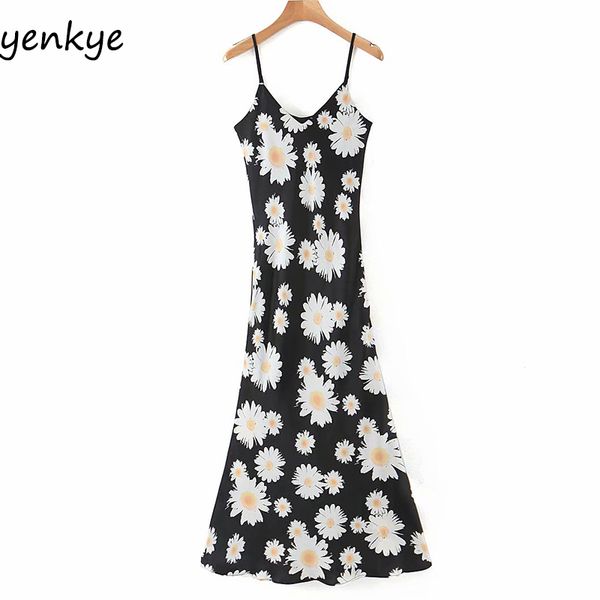 Floral Impressão Cetim Sling Sexy Dress Mulheres Mangas Sem Mangas V Neck Sundress Verão A-Linha Slim Longo Maxi Vestido Robe Femme XQB2319 210515