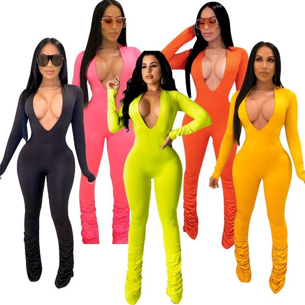 

women's jumpsuits & rompers european and american solid color big v-neck tight ladies one-piece pants for women, Black;white