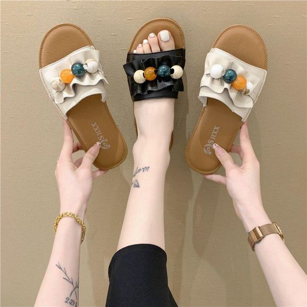 

women beach shoes moccasin femme summer flat women's slippers pearl home slipp comfortable sandals buckle, Black