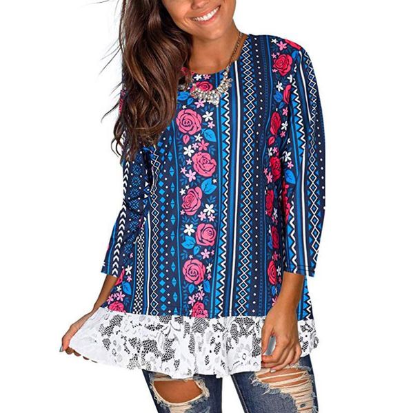 

summer boho clothing blouse shirt female floral print back button women long sleeve tunic 3/4 lace women's blouses & shirts, White