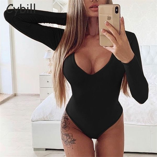 

cybill long sleeve bodycon autumn bodysuit women solid winter casual bodysuit for woman body female romper, Black;white