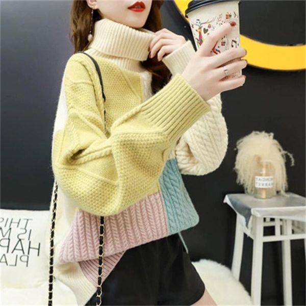 

women's sweaters autumn and winter high collar pullover sweater version loose thickened outer knitted shirt color matching plush top, White;black