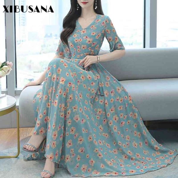 

women elegant v-neck floral printed chiffon dress summer holiday bohemian beach long female plus size 4xl lace up vestidos 210423, Black;gray