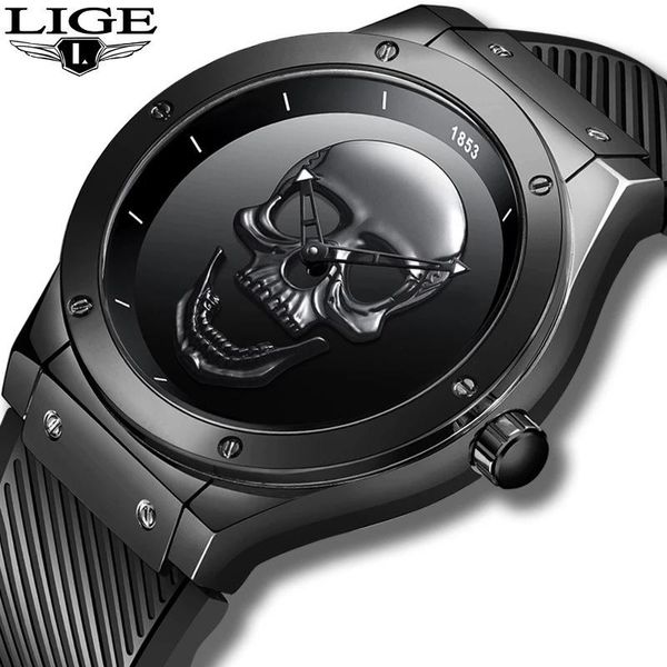 

wristwatches lige sport men's watches quartz skull silicone band watch, Slivery;brown