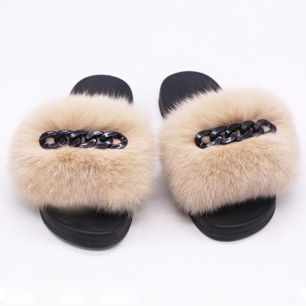 

summer real fur raccoon slippers 2021 ladies cute fluffy black chain decoration furry indoor flat sandals tx34