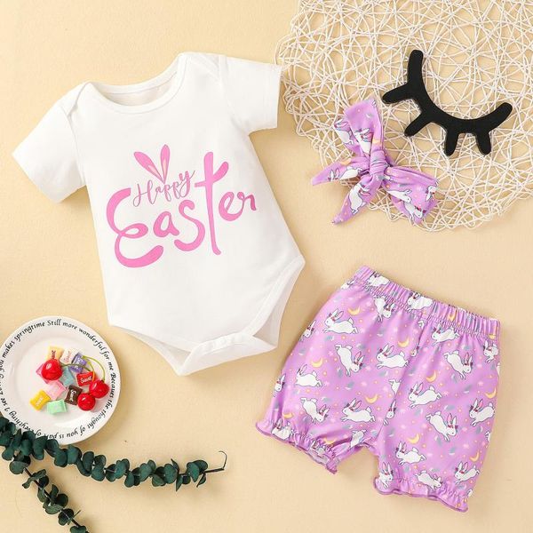 

clothing sets 0-18months running print born infant baby girls easter letter romper+ shorts+headbands outfits meisje m4, White