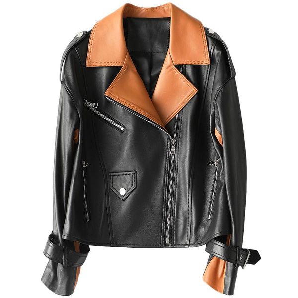 

women's leather & faux spring 2021 genuine black loose coat sheepskin jacket short motorcycle suit splicing moto biker wear