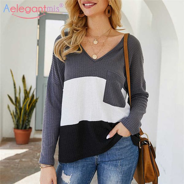 

aelegantmis streetwear v neck long sleeve spring casual t shirt women fashion knitted tshirt ladies loose plus size tees 210607, White