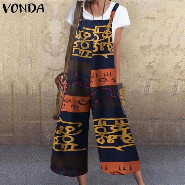 

women jumpsuits 2021 summer party rompers vonda square collar printed overalls casual long pants trousers plus size women's &, Black;white