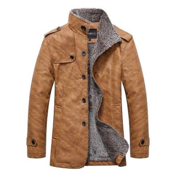 

men's fur & faux fashion slim solid leather jacket coat cashmere lined autumn and winter warm pu windproof waterproof parka, Black