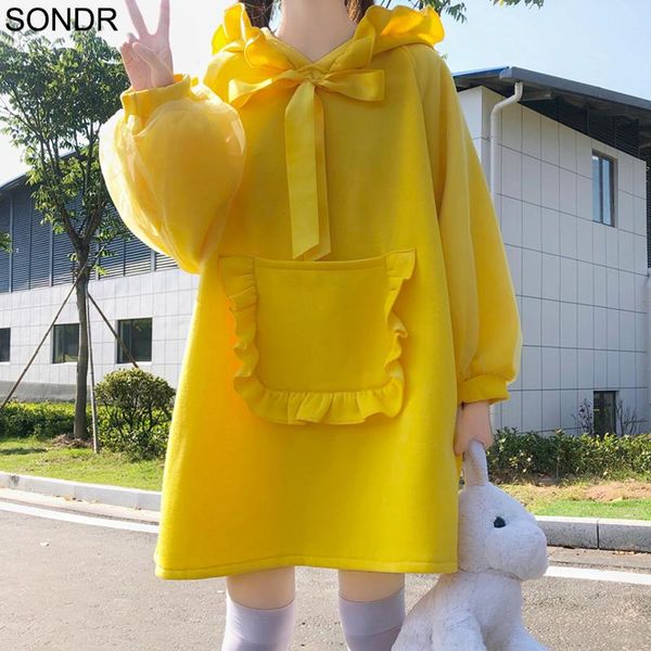 

kawaii girls lolita dress one piece daily wear cute yellow hooded winter warm thicken dresses women soft sister big pocket casual, Black;gray