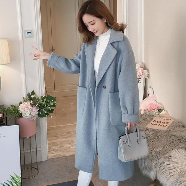 

women's wool & blends fashion woolen coat female long section autumn and winter thickening plus cotton ladies wild loose, Black