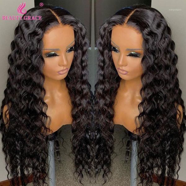 

deep wave 30 inches human hair lace front wig 4x4 closure frontal for women wigs1, Black;brown