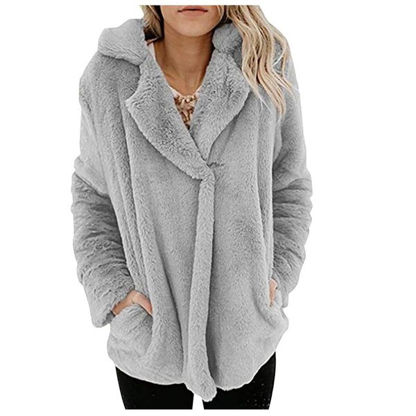 

women's wool & blends plush coat autumn and winter loose solid color cardigan stitching long-sleeved pockets, Black