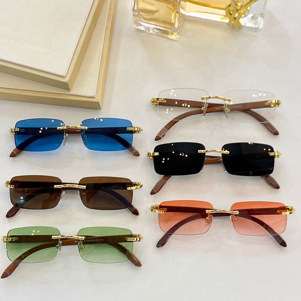 Randlose Herren-Sonnenbrille 8101016, Holz, Spiegelbeine, ultraleicht, Business-Stil, Mode, Damenbrille, Farbgläser, UV400-Strahlenschutz, Gürtelbox