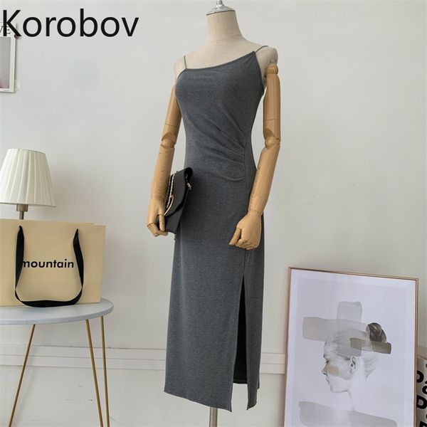 

korobov new fashion spaghetti strap dress korean irregular split midi dresses vintage beach style boho summer dress 210430, Black;gray