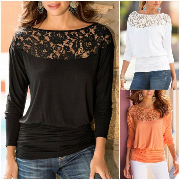 

women's t-shirt womens plus size long sleeve lace o-neck pullover slim casual, White