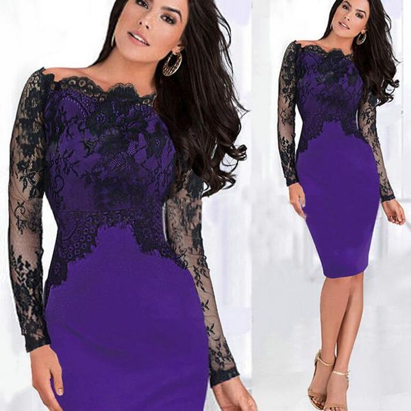 

casual dresses 2021 summer women ladies midi dress stitching lace club party female purple pencil, Black;gray