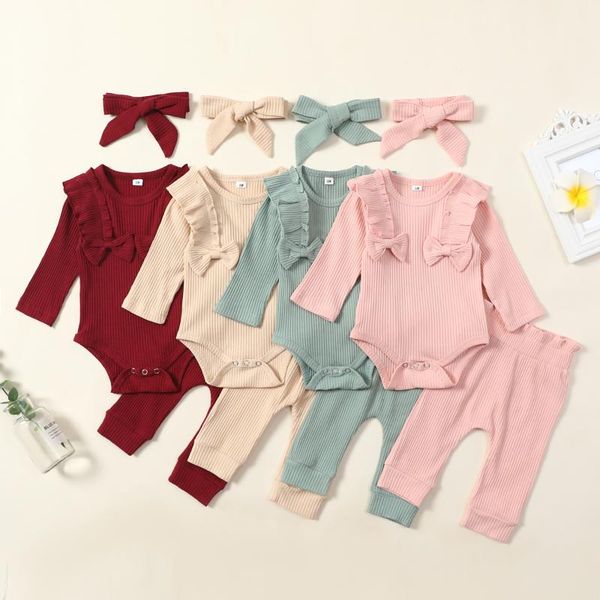 

clothing sets baby girls clothes 3pcs fall outfits long sleeve rib knit bow front romper + pants headband solid color, White