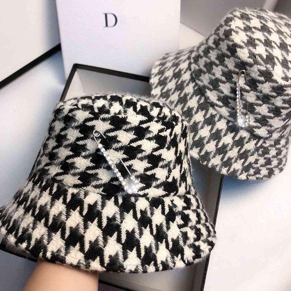 

autumn and winter double layer tweed fisherman's designer thousand bird lattice basin net red diamond pin casual hat, Blue;gray