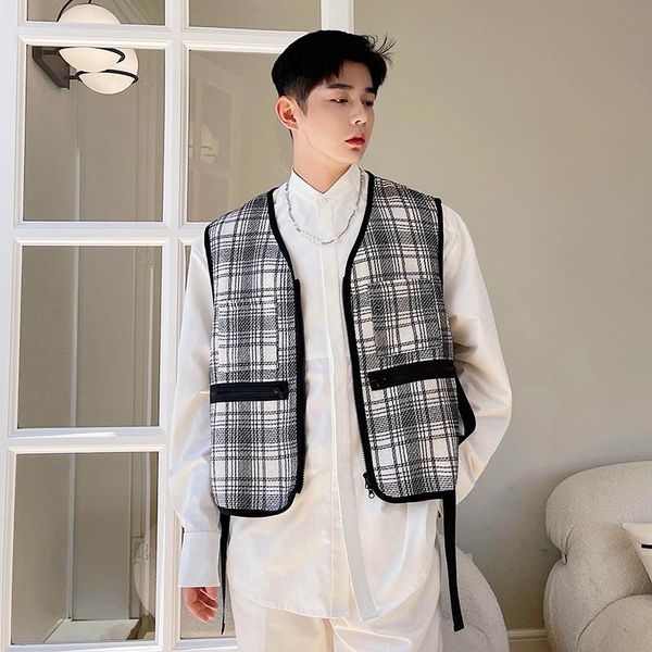 

men's vests zipper ribbons plaid vest jacket vintage fashion streetwear hip hop sleeveless coat for men women waistcoat male, Black;white