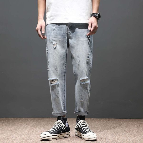 

men's jeans light color pierced 2021 loose large fat small foot harlan capris fashion brand 34sl, Blue