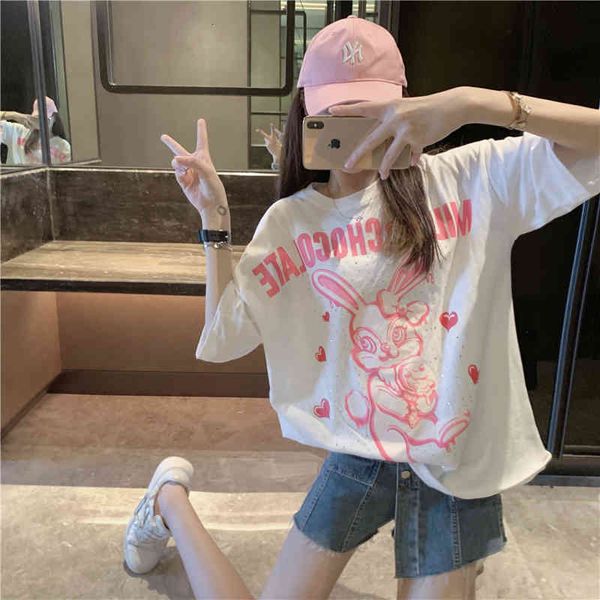

women's t-shirt 2021 female wear short sleeves drilling printed white rabbit loose letters modal jacket shirt
