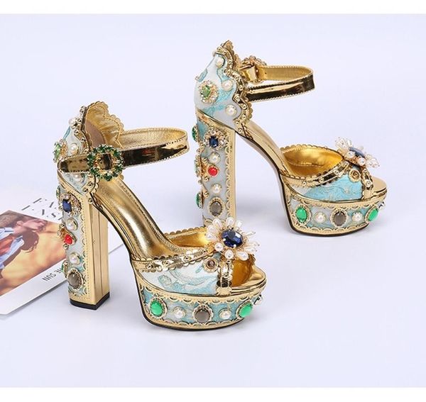 

dress shoes womens platform peep toe gold diamond ankle buckle rhinestones crystal block high 14cm heel pumps slingback luxury v005, Black