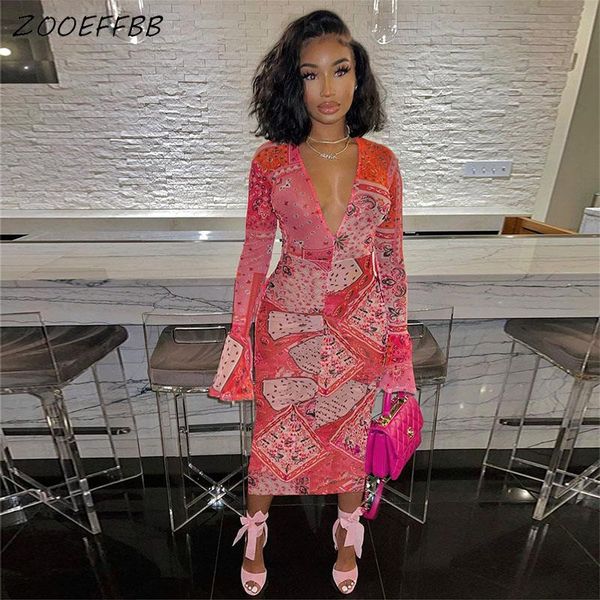 

casual dresses zooeffbb mesh sheer print v-neck dress women party birthday club outfits y2k clothes trendy shirt flare sleeve midi, Black;gray