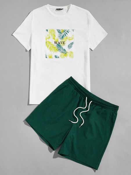 

men tropical print tee & drawstring shorts set i06m#, Gray