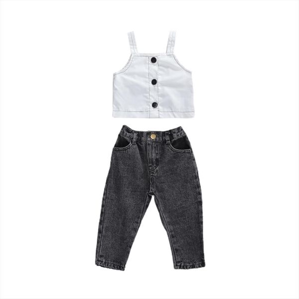 

toddler baby girls sleeveless sling button vest denim trousers with pockets 2pcs outfit clothes set, White