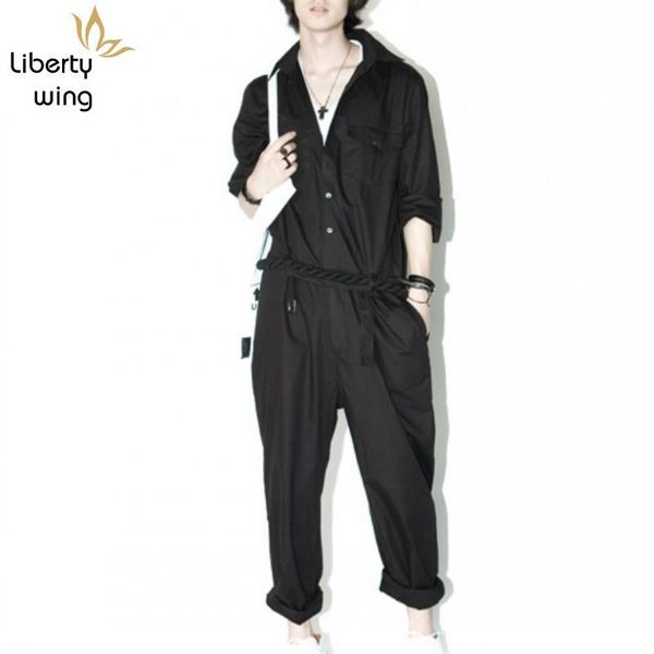 

men's pants summer fashion mens stylish jumpsuit overall for man long sleeve cotton loose fit trousers male 2xl plus size, Black