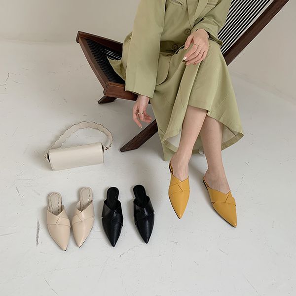 

slippers pointed toe women casual slides flats heeled yellow/beige/black fashion mules shoes solid color slip on beach 39 yzj2