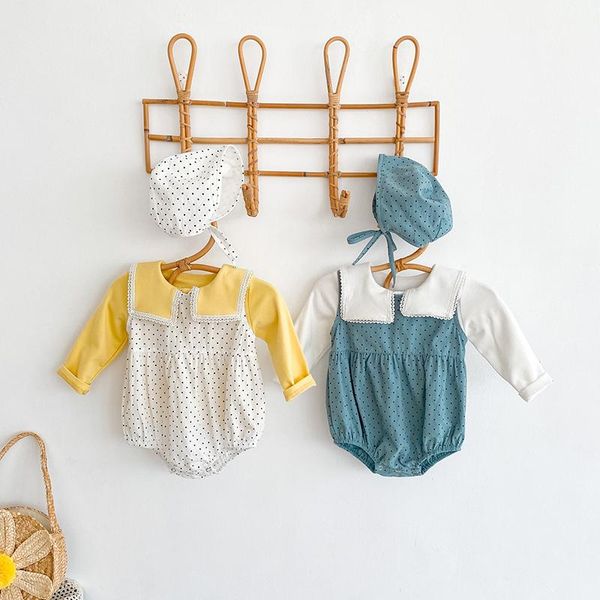 

rompers born baby girls clothes polka dot sleeveless romper+lapel bottoming shirt+hat 3-piece sets toddler jumpsuit clothing, Blue