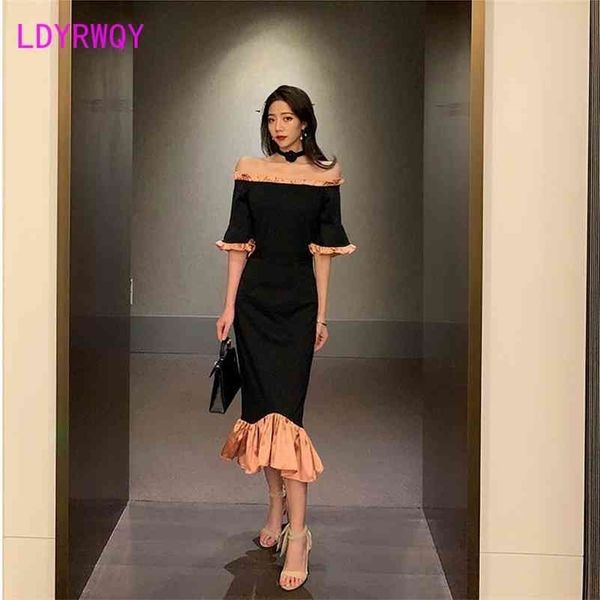 

[ldyrwqy] european and american women's one-neck flare sleeve stitching ruffled dress 210416, Black;gray