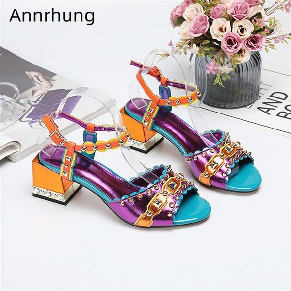 

mixed color genuine leather sandals women ankle strap jeweled crystal square med heel rivet decor party shoes woman, Black