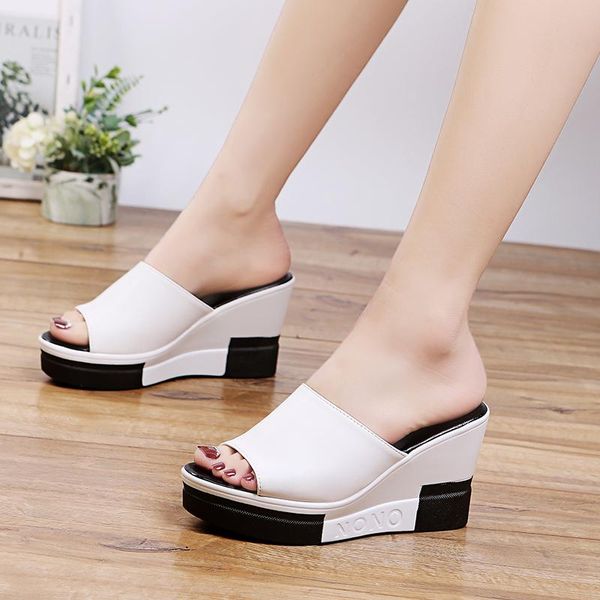 

slippers women summer luxury slides female shoes heeled mules on a wedge platform designer 2021 high fashion rubber pu rome, Black