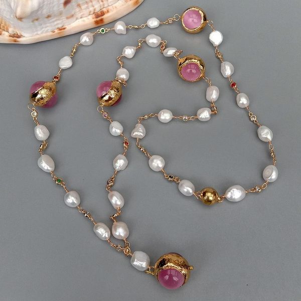 

yygem freshwater white baroque pearl cz pave chain pink cat eye long sweater necklace 34" wrap handmade for women, Silver