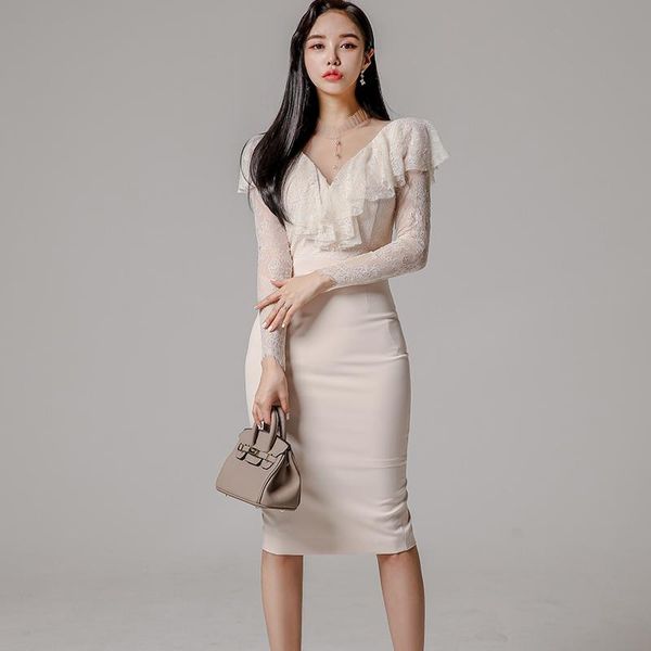 

casual dresses spring korean style women temperament v-neck long sleeve slim mid-length stitching lace ruffled bodycon dress 2021, Black;gray