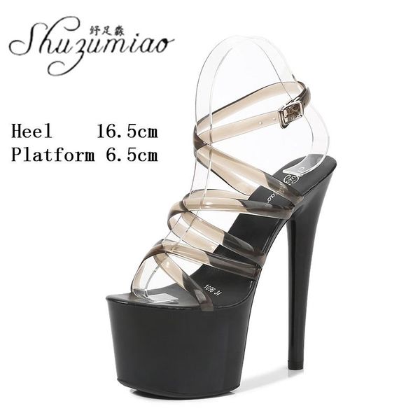 

dress shoes roman model show striptease clear cross belt platform super high heel sandals women 15 17 cm party club catwalk pole dance, Black