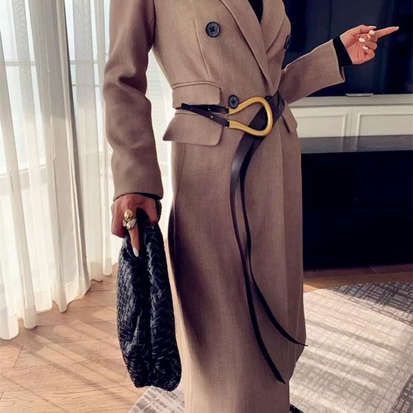 

belts women designer horseshoe metal buckle black belt double circle winter pu faux leather long brown coffee, Black;brown