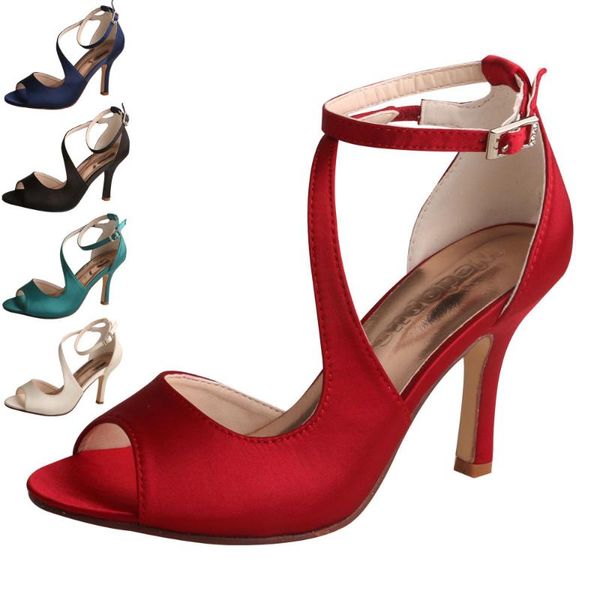 

colors ankle strap wedding party sandals for women bride heel shoes open toe, Black