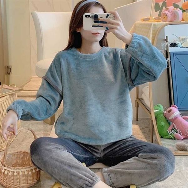 

autumn winter warm flannel women pajamas set cute coral velvet long sleeve cartoon sleepwear leisure home wear clothes 211215, Black;red